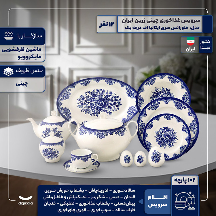 سرویس غذاخوری 102 پارچه 12 نفر چینی زرین ایران مدل فلورانس سری ایتالیا اف درجه یک
