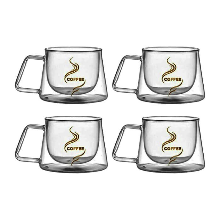 لیوان مدل دوجداره دسته دار کد 250 طرح کافی بسته 4 عددی