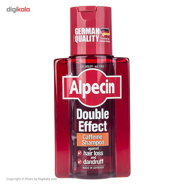 شامپو ضدشوره و تقویتکننده مو آلپسین مردانه مخصوص موهای معمولی، حجم 200 میلیلیتر مدل Double Effect Caffeine، حاوی ویتامینهای A و B3، اسید سالیسیلیک، ضد التهاب و ضد ریزش با عصاره کمپلکس کافئین و نعناع