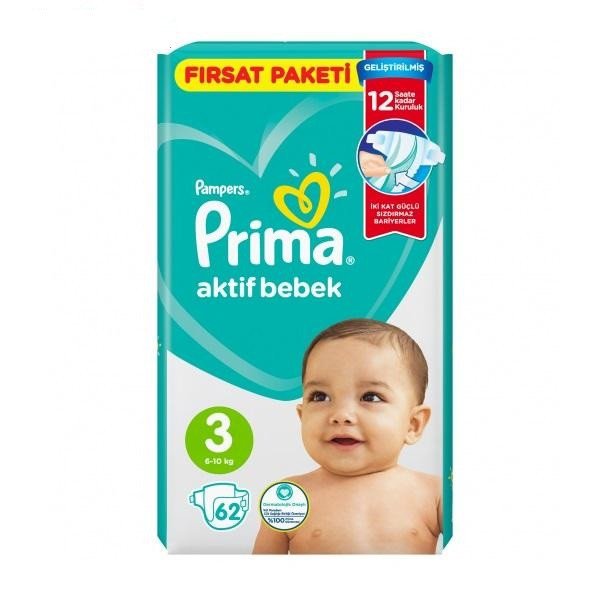 پوشک پریما مدل Aktif bebek سایز 3 بسته 62 عددی مجموعه 2 عددی