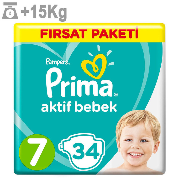 پوشک کودک پریما مدل Aktif bebek سایز 7 بسته 34 عددی